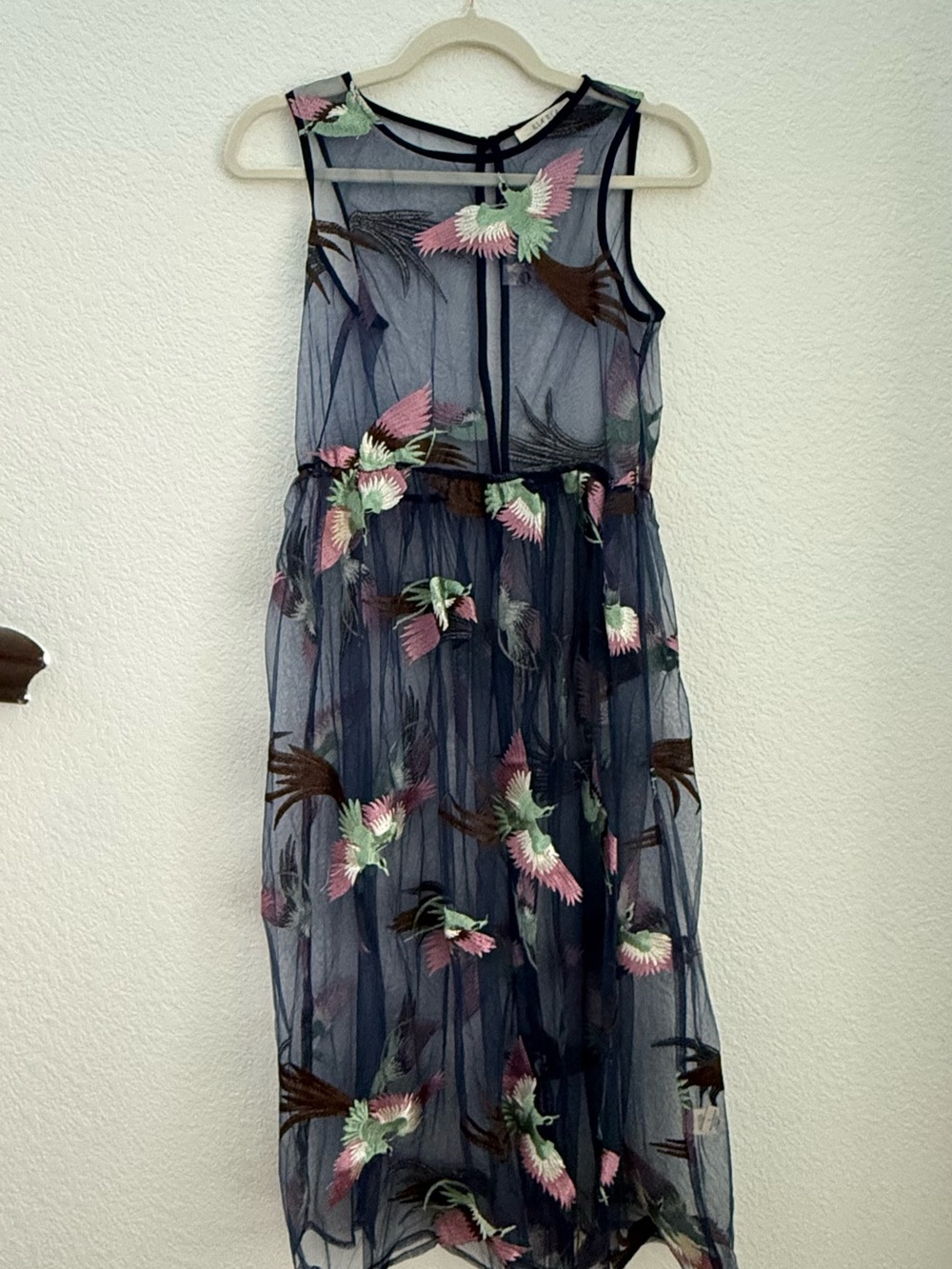 ILLA ILLA Navy Mesh Midi Dress with Pink and Green Floral Embroidery